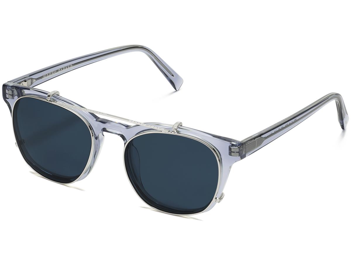 Angle view of Felix Clip-On Medium in Polished Silver with Blue Lenses