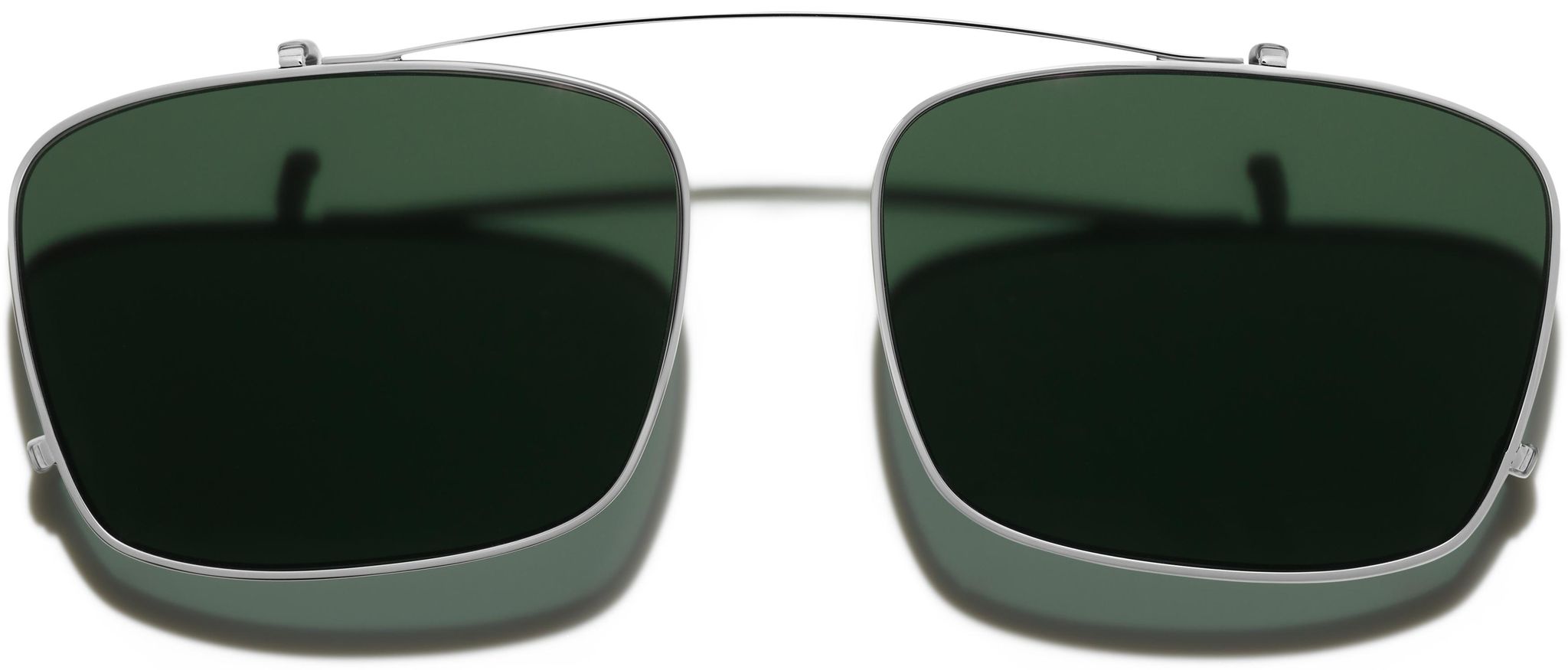 Front view of Brady Clip-On Medium in Polished Silver with Green Lenses
