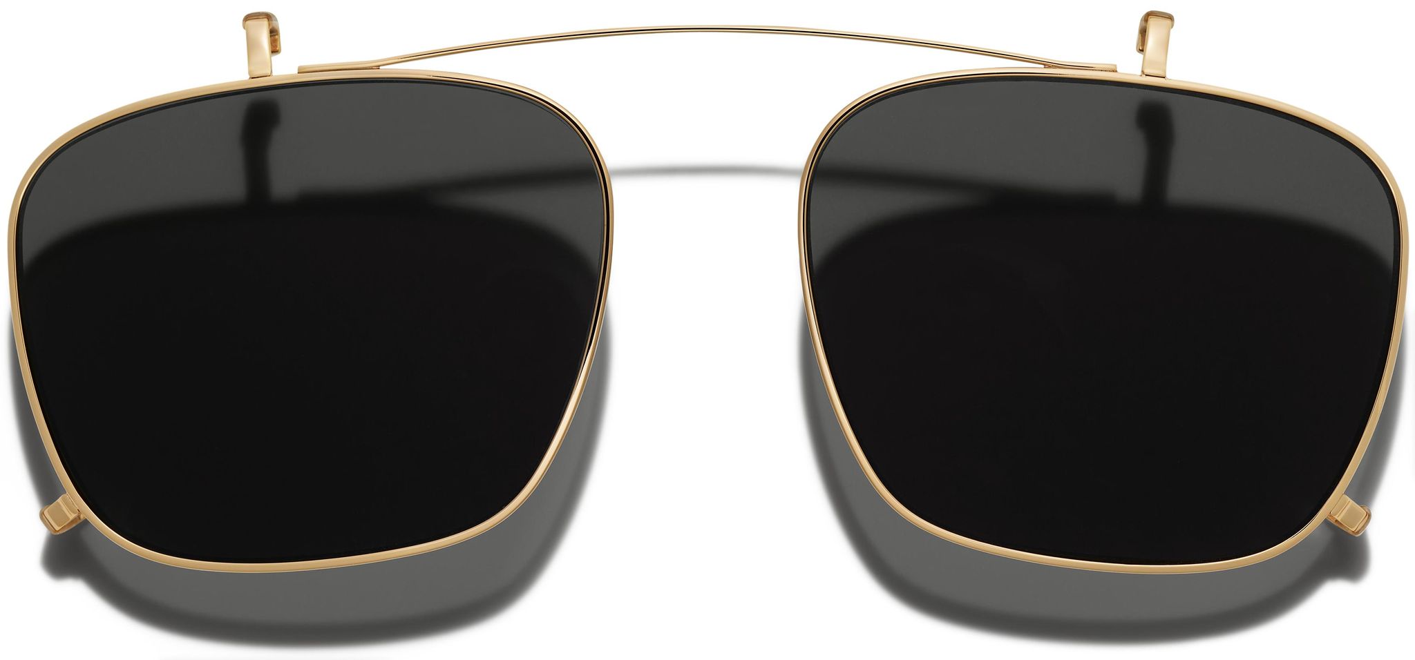 Front view of Winston Clip-On Medium in Polished Gold with Grey Lenses