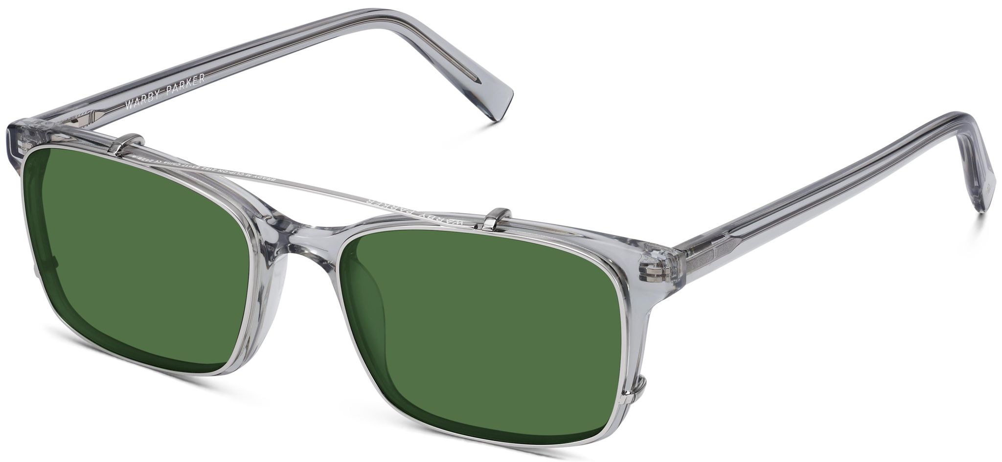 Angle view of Brady Clip-On Medium in Polished Silver with Green Lenses