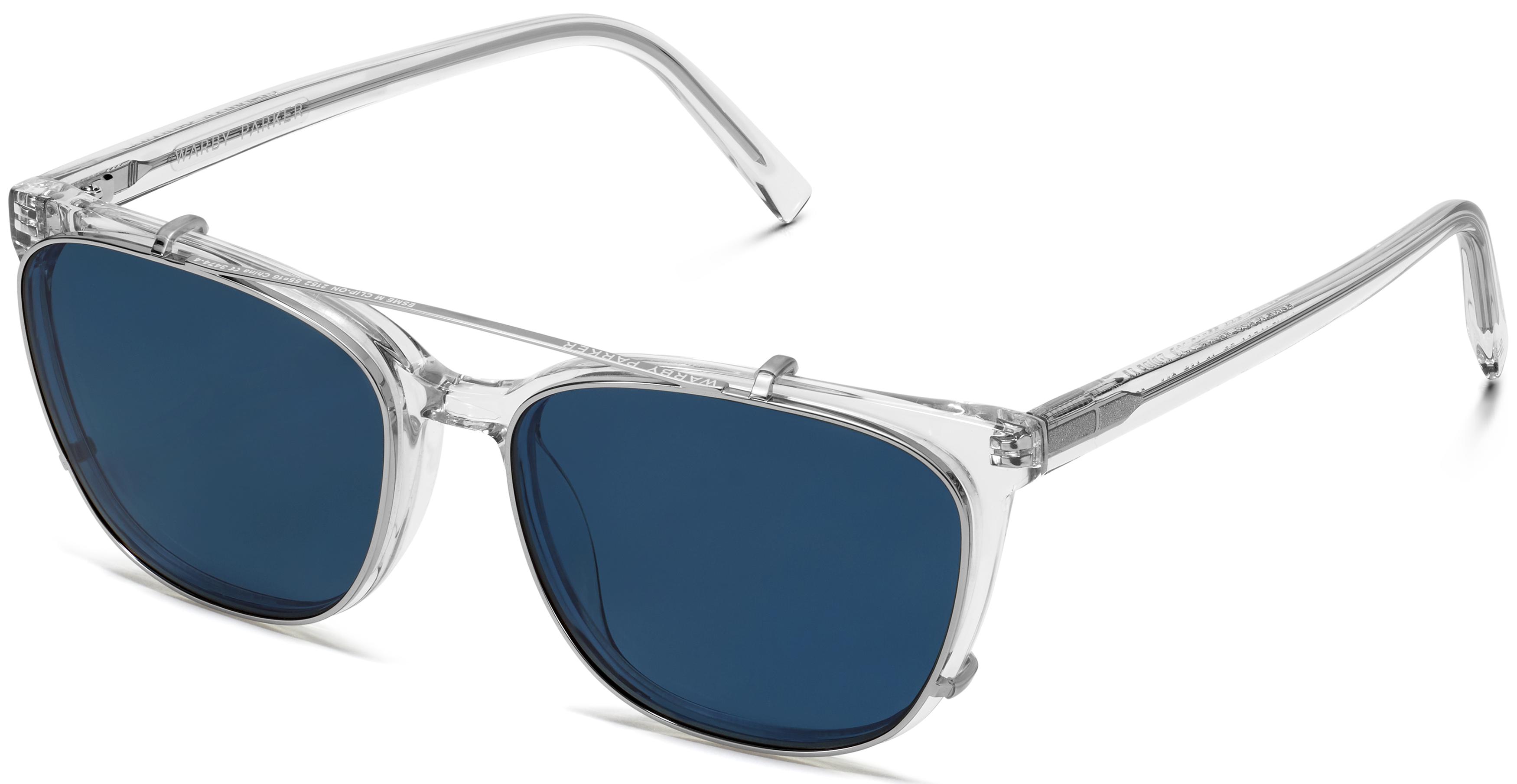 Esme Medium Clip-On in Polished Silver with Blue Lenses