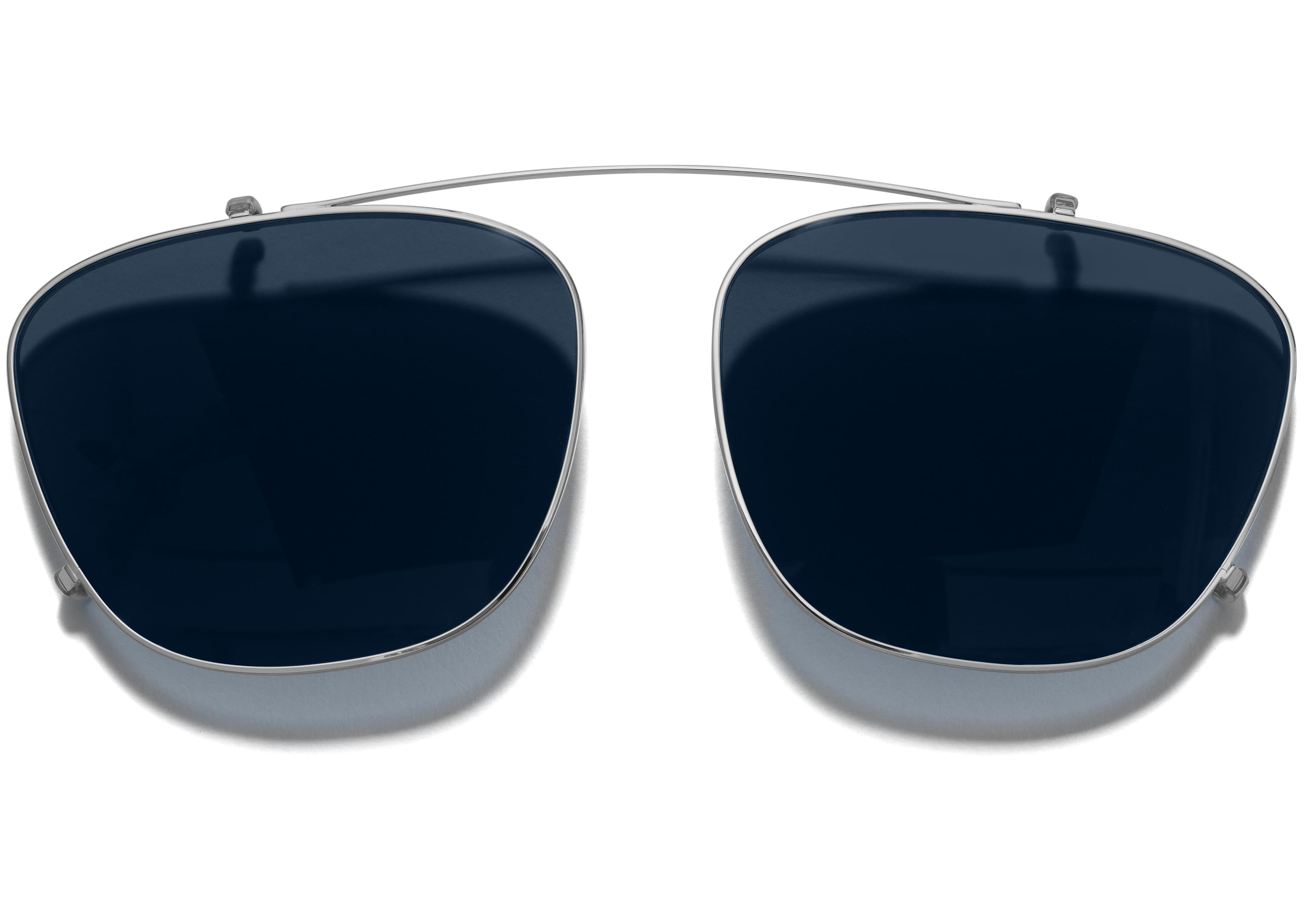 Esme Medium Clip On in Polished Silver with Blue Lenses