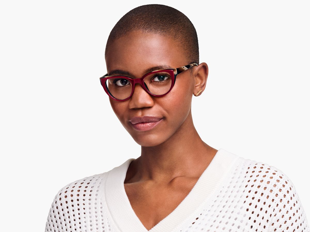 Warby Parker Jordi Sunglass Frames in Oxblood & Striped Elm | Made in Italy Renata Eyeglasses in Striped Amber | Warby Parker main image 2